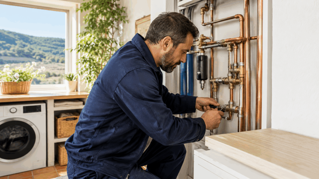 Fontanero en Moixent reparando una instalación de tuberías en una vivienda.