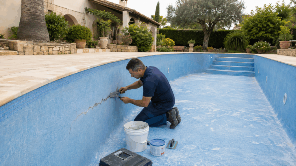 Técnico reparando una grieta durante un servicio de reparación de piscinas en Xàtiva