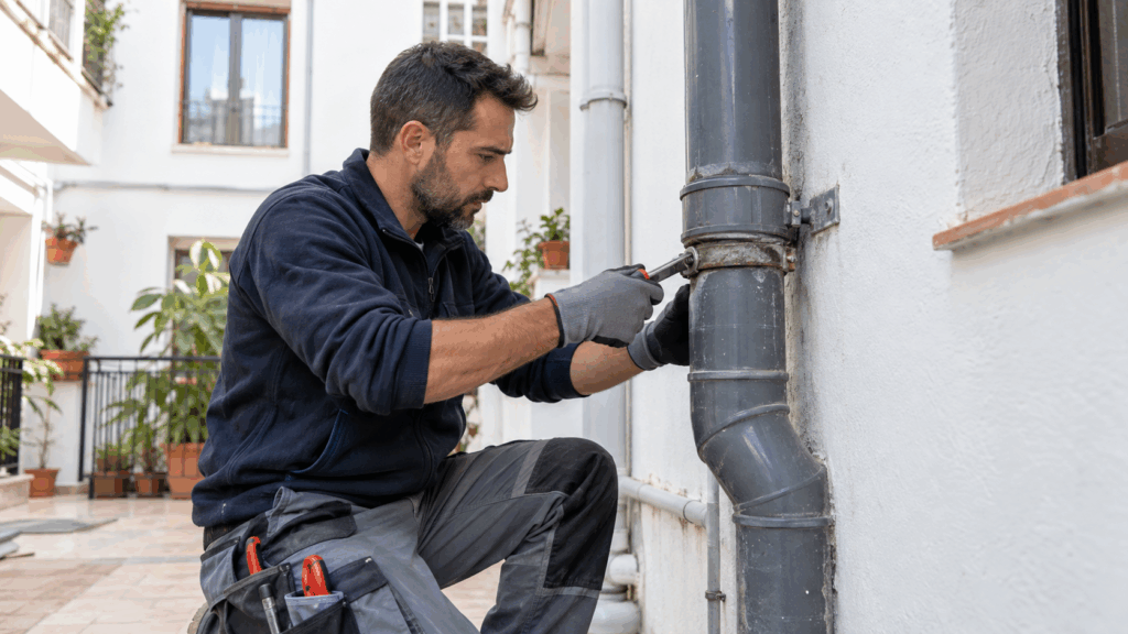 Técnico realizando una reparación de bajantes en Xàtiva